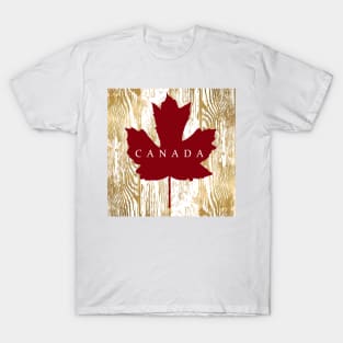 Canada Red Maple Leaf on Gold Wood T-Shirt